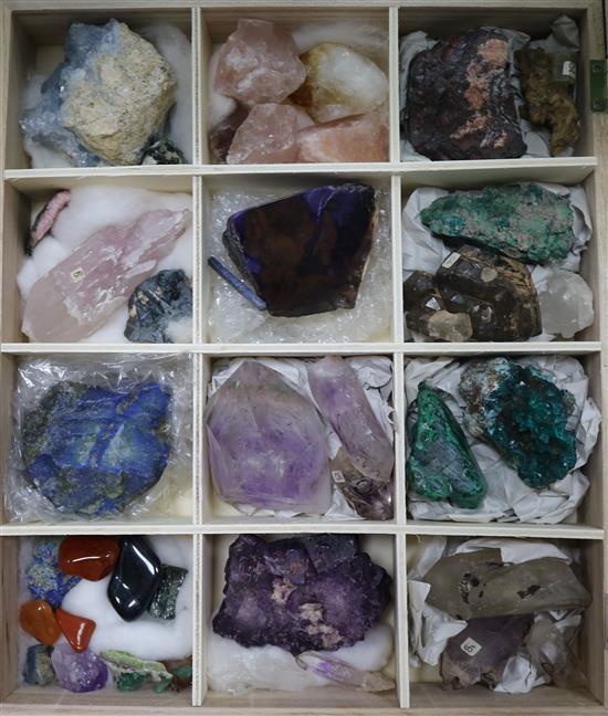A tray of assorted minerals and gemstones